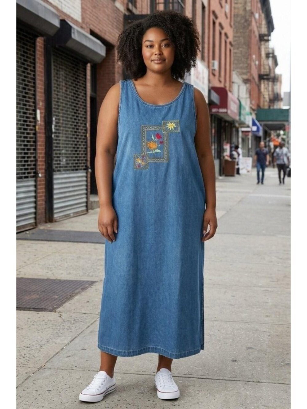 TY Wear Denim Maxi Dress 20W Blue Embroidered Floral Tank Casual Boho Retro